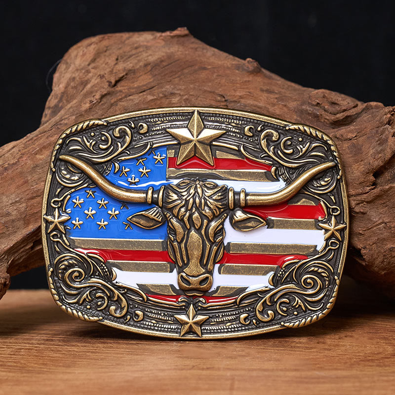 Herren-Ledergürtel mit bunten Sternenstreifen, Flaggenmotiv und Longhorn-Bullenschnalle - Bronze - Ohne Gürtel - Nicht im Lieferumfang enthalten: Gürtel - image 2