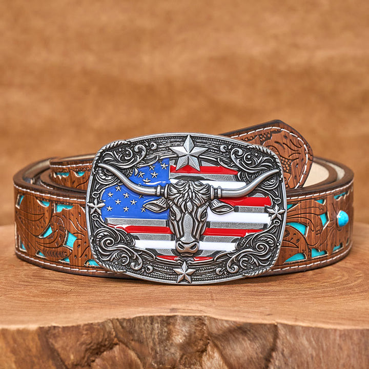 Herren-Ledergürtel mit bunten Sternenstreifen, Flaggenmotiv und Longhorn-Bullenschnalle - Silber - Türkisfarbener, geschnitzter Gürtel - 42 - image 6