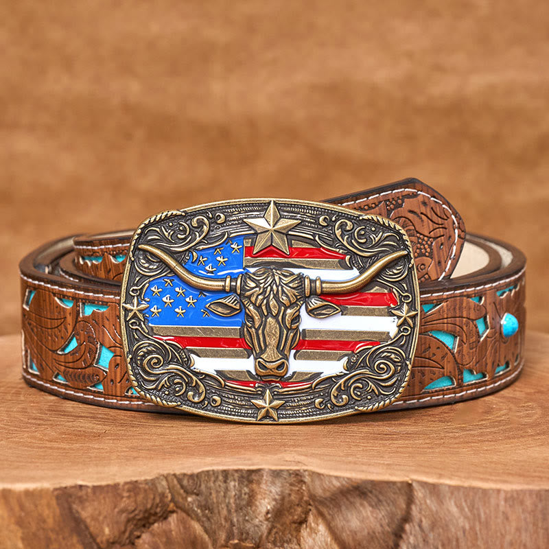 Herren-Ledergürtel mit bunten Sternenstreifen, Flaggenmotiv und Longhorn-Bullenschnalle - Bronze - Türkisfarbener, geschnitzter Gürtel - 42 - image 7
