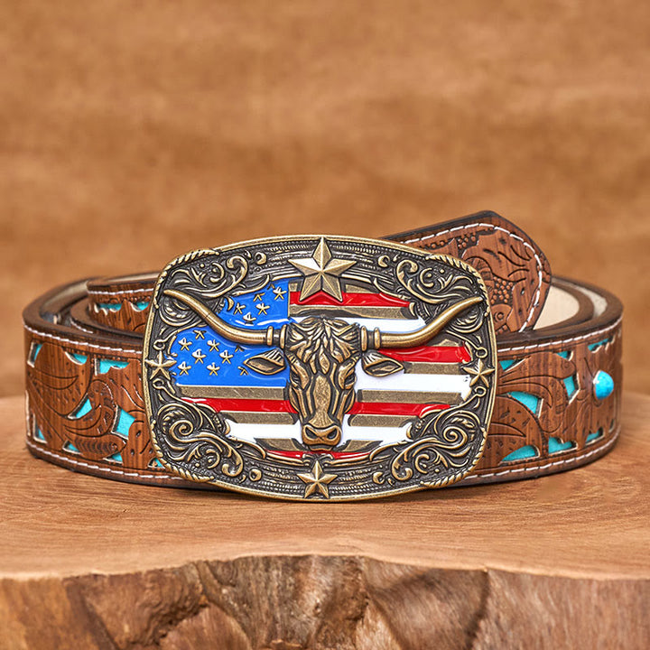 Herren-Ledergürtel mit bunten Sternenstreifen, Flaggenmotiv und Longhorn-Bullenschnalle - Bronze - Türkisfarbener, geschnitzter Gürtel - 42 - image 7
