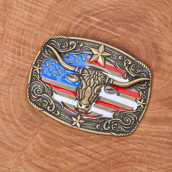 Herren-Ledergürtel mit bunten Sternenstreifen, Flaggenmotiv und Longhorn-Bullenschnalle - image 3