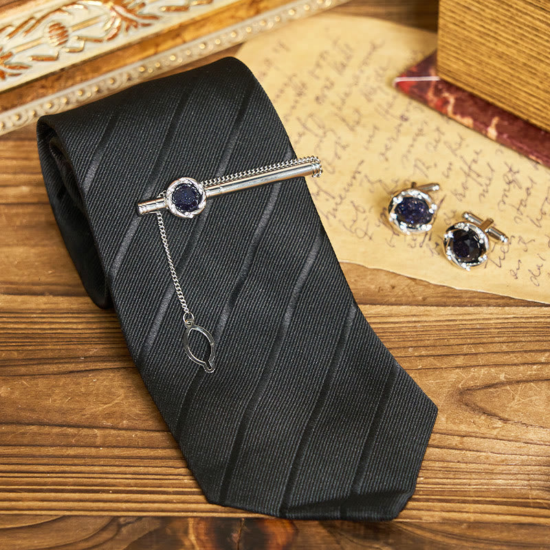 Luxuriöses Krawatten-Set für Herren aus blauem Sandstein: Krawattenklammer, Manschettenknöpfe und Krawatten - Stil Nr. 1 - image 0