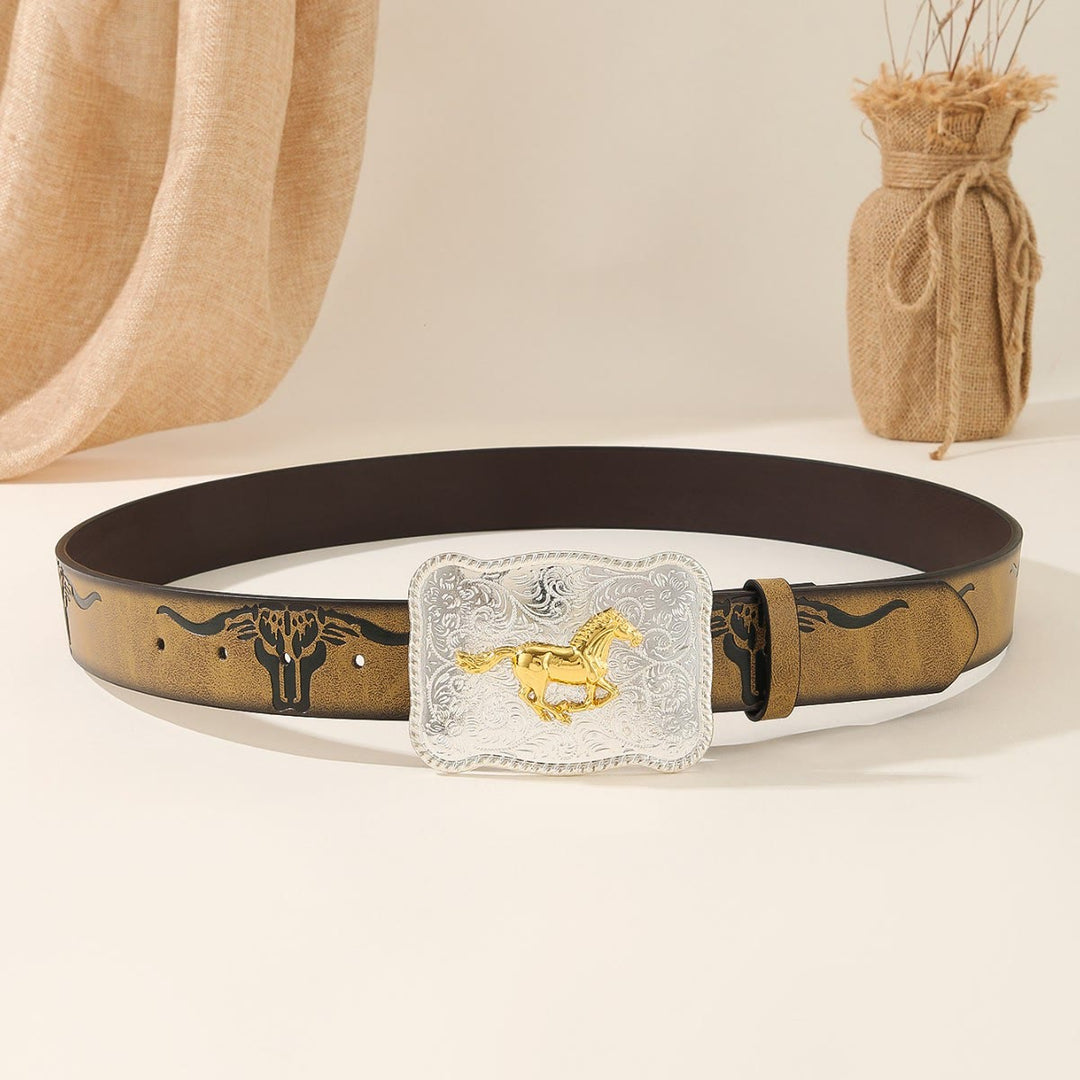 Western-Gürtel mit goldenem, galoppierendem Pferd, silberner Schnalle und Bullenkopf-Prägung - image 2