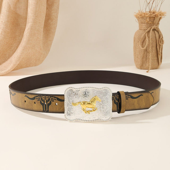 Western-Gürtel mit goldenem, galoppierendem Pferd, silberner Schnalle und Bullenkopf-Prägung - image 2