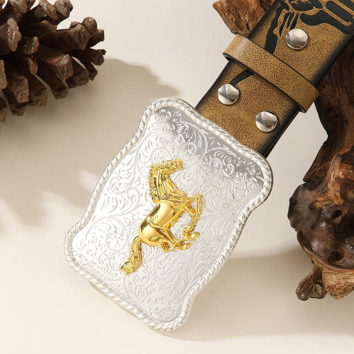 Western-Gürtel mit goldenem, galoppierendem Pferd, silberner Schnalle und Bullenkopf-Prägung - image 1