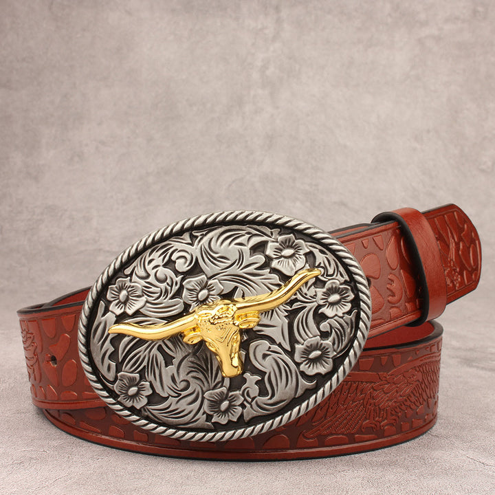 Vintage-Gürtel aus geprägtem Leder mit geschnitzter Longhorn-Bullenschnalle - Stil Nr. 3 - 40 - image 2