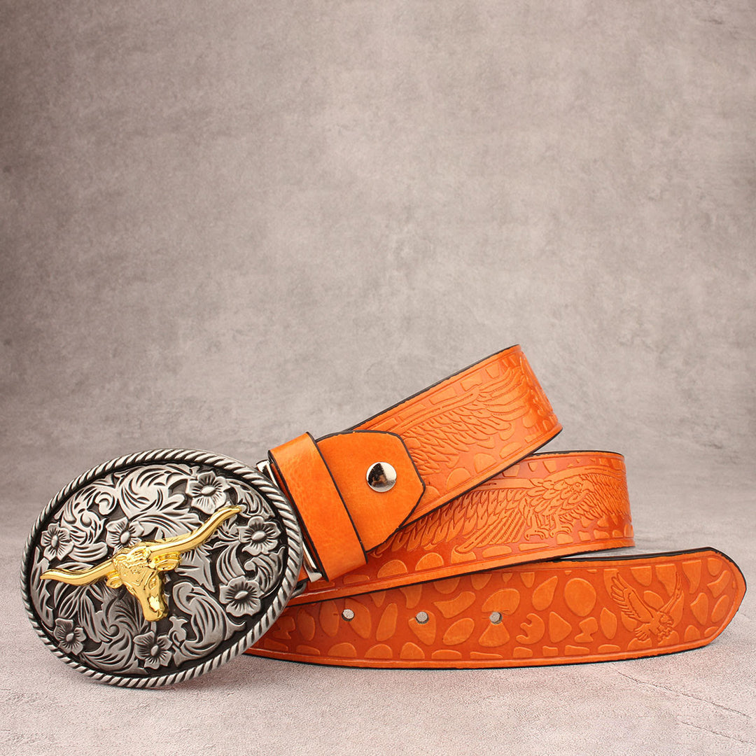 Vintage-Gürtel aus geprägtem Leder mit geschnitzter Longhorn-Bullenschnalle - Stil Nr. 4 - 40 - image 3