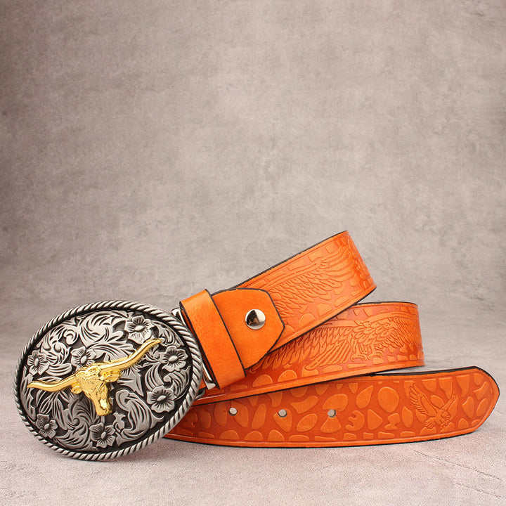 Vintage-Gürtel aus geprägtem Leder mit geschnitzter Longhorn-Bullenschnalle - Stil Nr. 4 - 40 - image 3