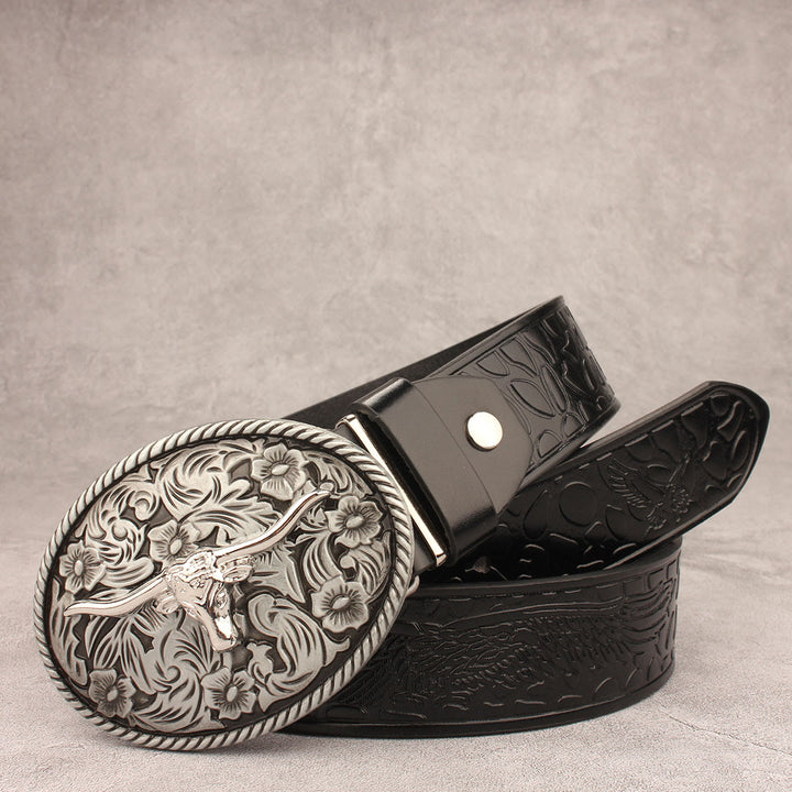 Vintage-Gürtel aus geprägtem Leder mit geschnitzter Longhorn-Bullenschnalle - Stil Nr. 1 - 40 - image 0