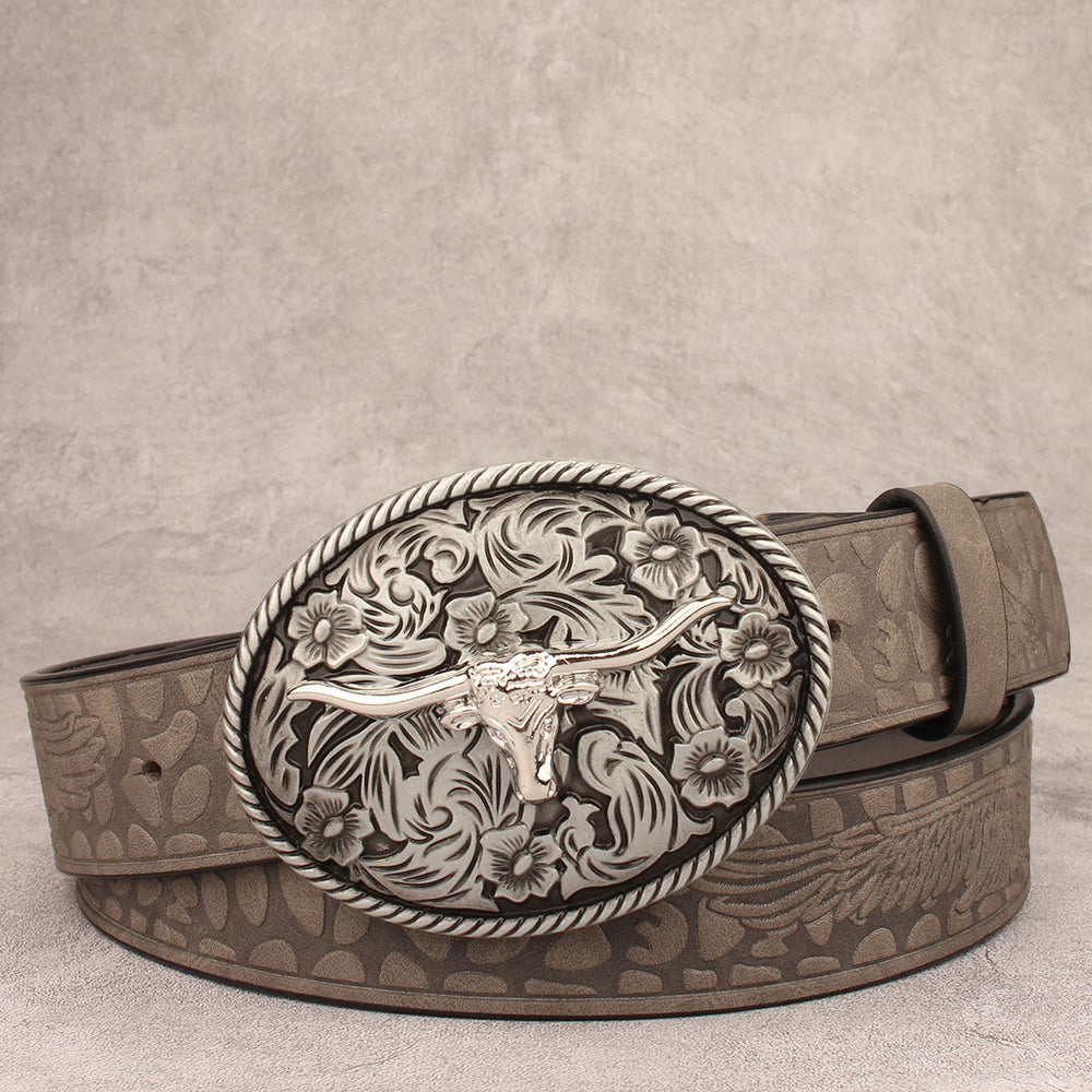 Vintage-Gürtel aus geprägtem Leder mit geschnitzter Longhorn-Bullenschnalle - Stil Nr. 2 - 40 - image 1