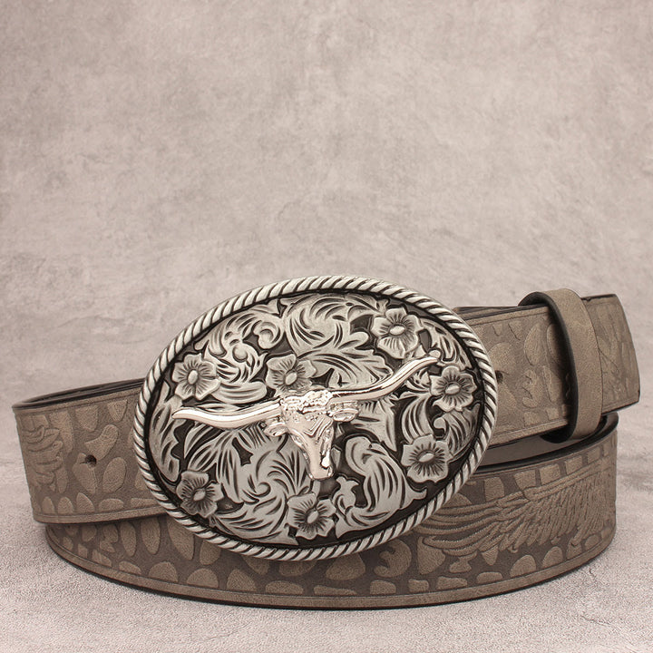 Vintage-Gürtel aus geprägtem Leder mit geschnitzter Longhorn-Bullenschnalle - Stil Nr. 2 - 40 - image 1