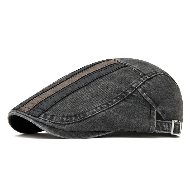 Sommerliche Vintage-Baskenmütze mit gewaschenem, gestreiftem Patchwork-Muster - Schwarz - Verstellbar (22"-24") - image 0