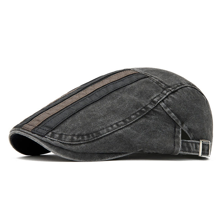 Sommerliche Vintage-Baskenmütze mit gewaschenem, gestreiftem Patchwork-Muster - Schwarz - Verstellbar (22"-24") - image 0