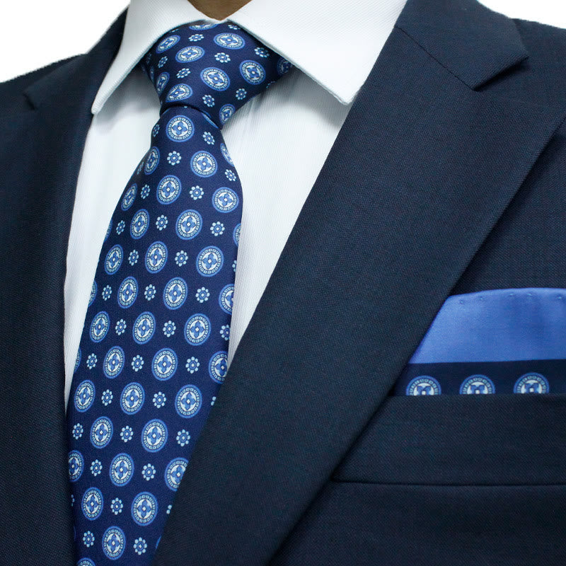 2 Stück marineblaue, runde Einstecktücher mit Retro-Print und Krawatten - Marineblau - image 0