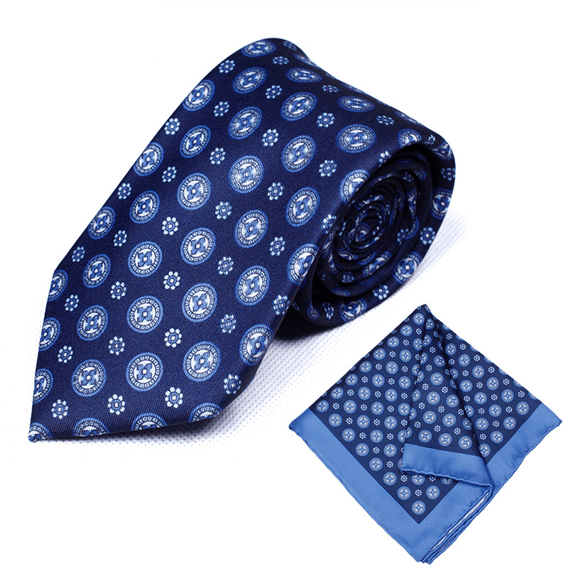 2 Stück marineblaue, runde Einstecktücher mit Retro-Print und Krawatten - image 1