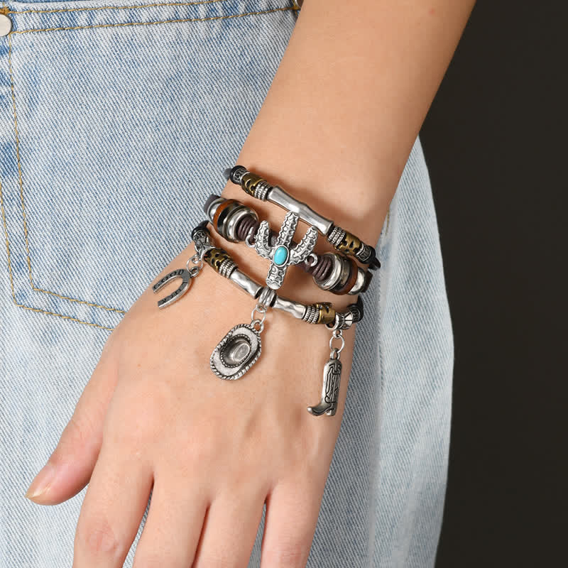 Lederarmband mit Hufeisen-Hut-Stiefel-Anhängern im Wildwest-Stil - image 1