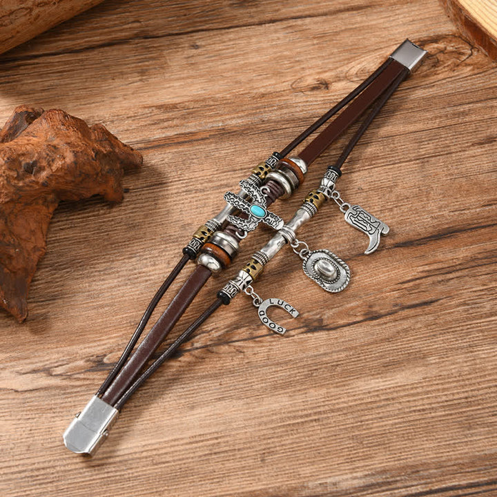 Lederarmband mit Hufeisen-Hut-Stiefel-Anhängern im Wildwest-Stil - image 2