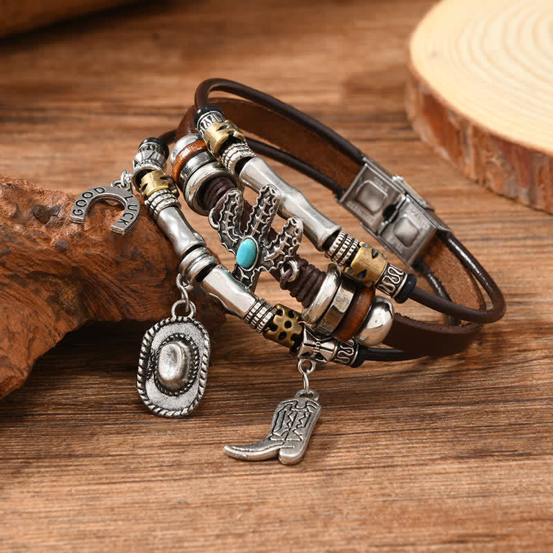 Lederarmband mit Hufeisen-Hut-Stiefel-Anhängern im Wildwest-Stil - image 3
