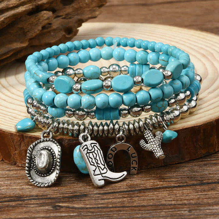 4-teiliges Armbandset aus türkisfarbenem Leder im Western-Stil - Westliche Reize - image 0
