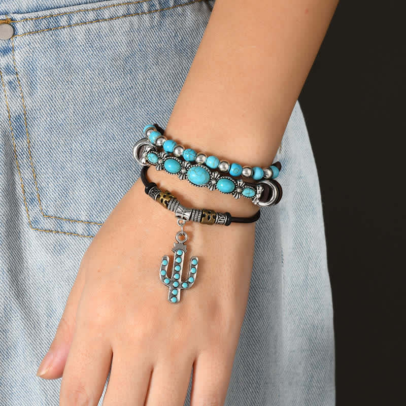 Lederarmband mit westlichem Türkis- und Kaktusanhänger - image 1