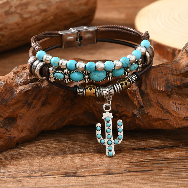 Lederarmband mit westlichem Türkis- und Kaktusanhänger - image 2