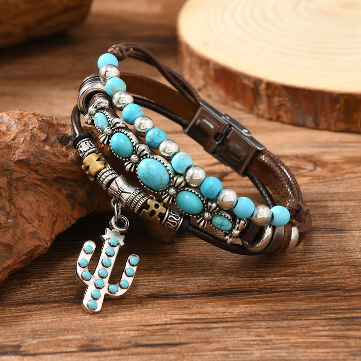 Lederarmband mit westlichem Türkis- und Kaktusanhänger - Kaktus - image 0