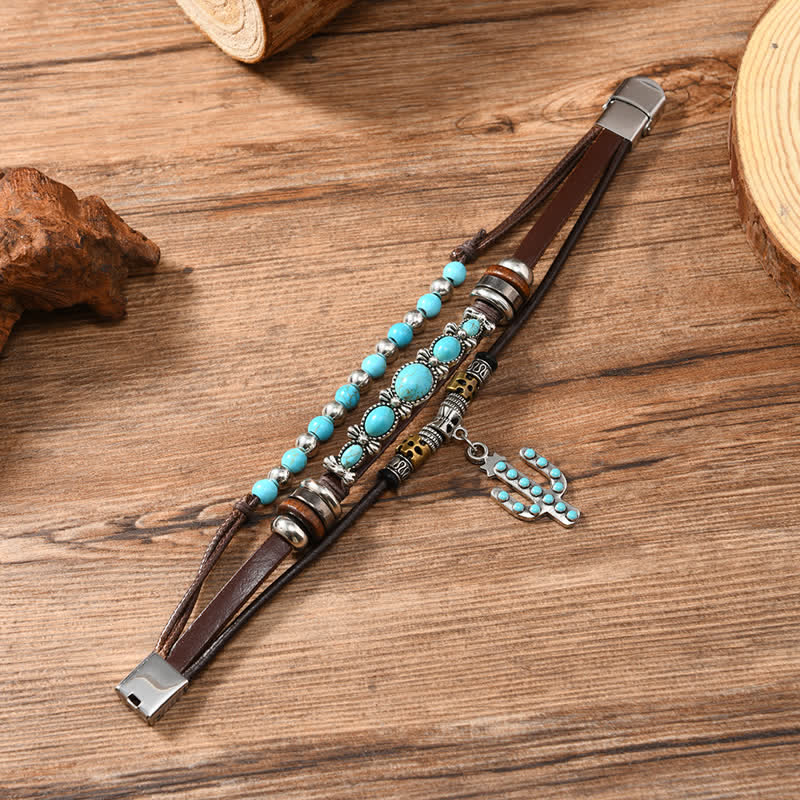 Lederarmband mit westlichem Türkis- und Kaktusanhänger - image 3