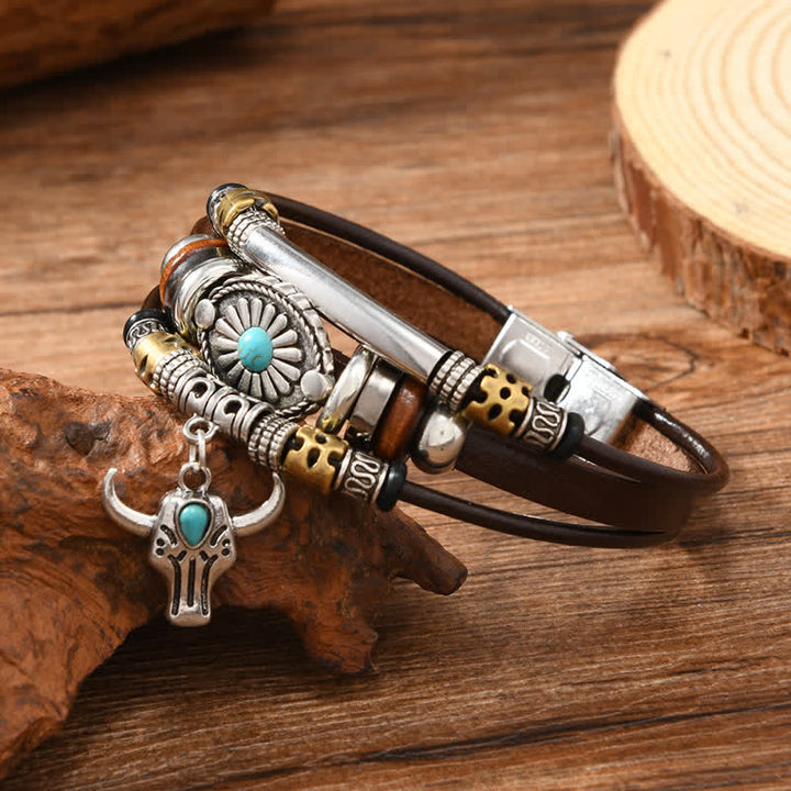 Western Essential Armband aus mehrlagigem Leder mit Bullenschädelmotiv - image 3