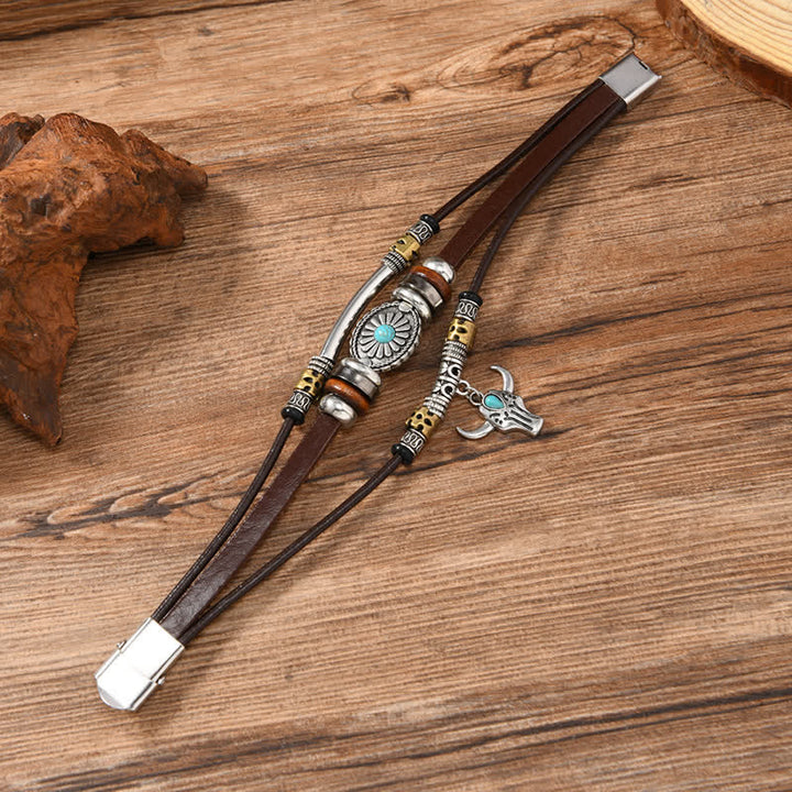 Western Essential Armband aus mehrlagigem Leder mit Bullenschädelmotiv - image 2