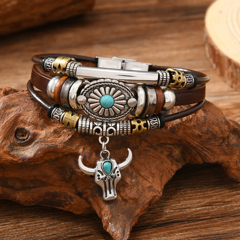 Western Essential Armband aus mehrlagigem Leder mit Bullenschädelmotiv - Stierschädel - image 0