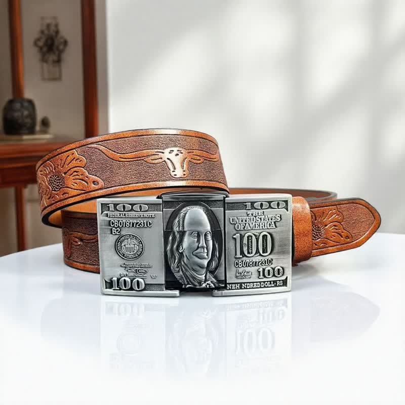 Ledergürtel für Herren in Form eines US-Dollar-Scheins mit verstecktem Petroleumfeuerzeug - Braun - 42 - image 0