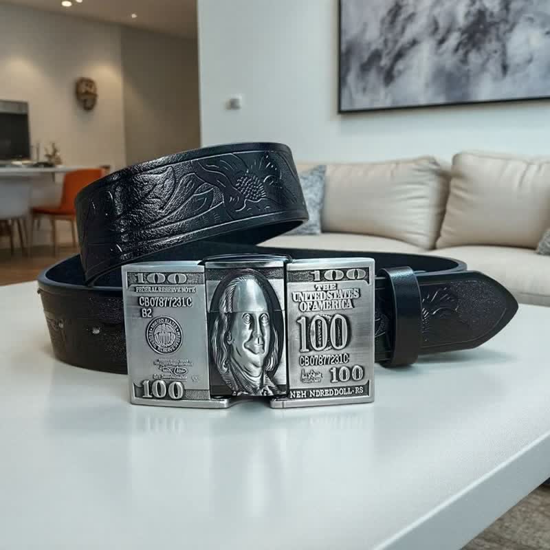 Ledergürtel für Herren in Form eines US-Dollar-Scheins mit verstecktem Petroleumfeuerzeug - Schwarz - 42 - image 3