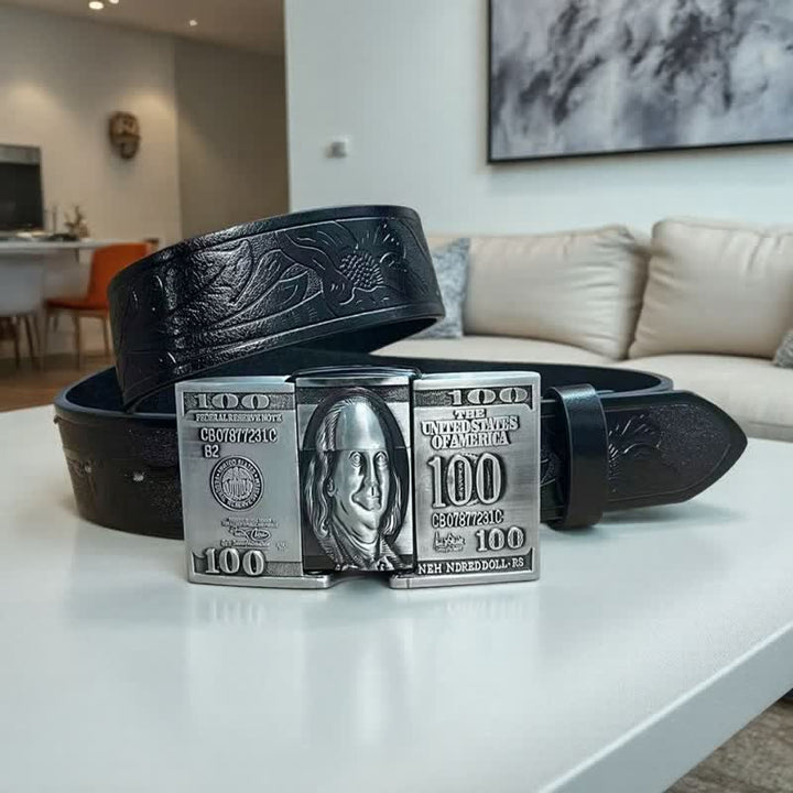 Ledergürtel für Herren in Form eines US-Dollar-Scheins mit verstecktem Petroleumfeuerzeug - Schwarz - 42 - image 3