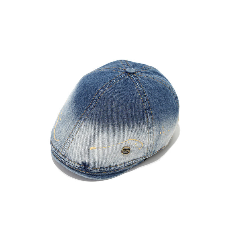 Verwaschene, farbverlaufende, abgenutzte Künstler-Denim-Baskenmütze - image 1