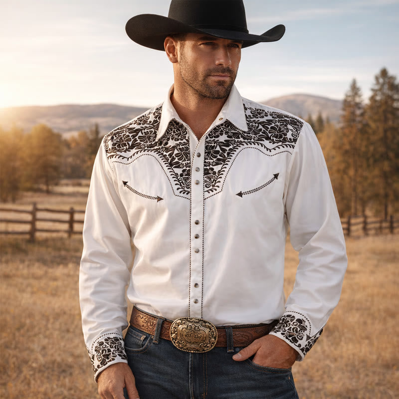 Weißes Cowboyhemd im Western-Retro-Stil mit Blumenmuster - Weiß - 6XL - image 0