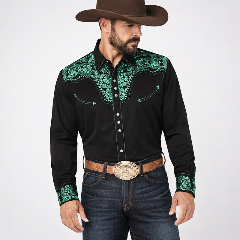 Schwarzes Cowboyhemd im Western-Stil mit grünem Blumenmuster und 3D-Druck - image 1