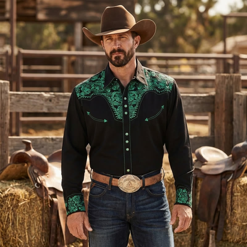 Schwarzes Cowboyhemd im Western-Stil mit grünem Blumenmuster und 3D-Druck - Schwarz - 6XL - image 0
