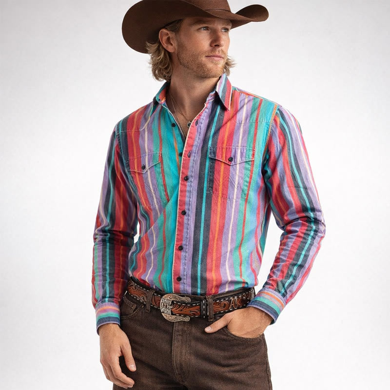 Herren-Retro-Westernhemd mit 3D-Druck und Regenbogenstreifen - Bunt - 5XL - image 0