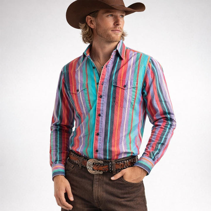 Herren-Retro-Westernhemd mit 3D-Druck und Regenbogenstreifen - Bunt - 5XL - image 0