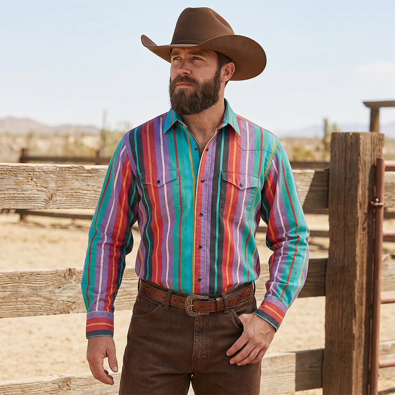 Herren-Retro-Westernhemd mit 3D-Druck und Regenbogenstreifen - image 1