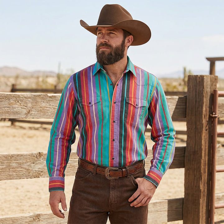Herren-Retro-Westernhemd mit 3D-Druck und Regenbogenstreifen - image 1