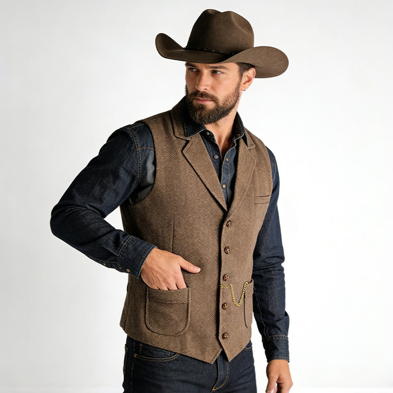 Western-Weste für Herren, einreihig, mit Fischgrätmuster und Kette - image 2
