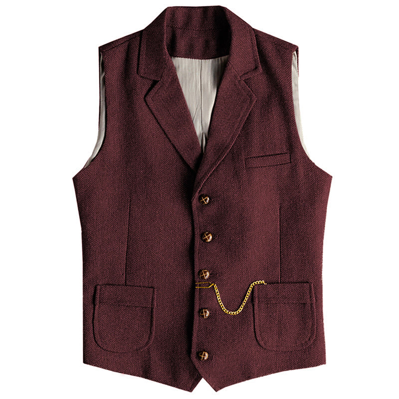 Western-Weste für Herren, einreihig, mit Fischgrätmuster und Kette - Wein - 3XL - image 7