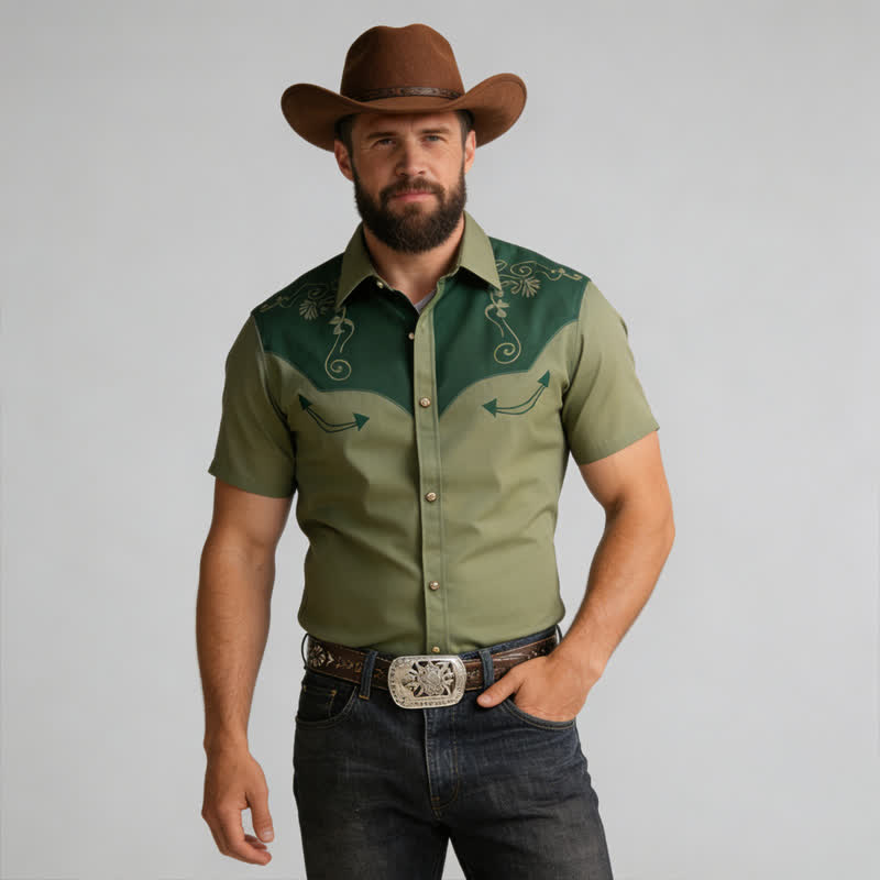 Western-Cowboy-Hemd für Herren mit 3D-gedrucktem Scrollmuster und kontrastierender Passe - Grün - 5XL - image 4