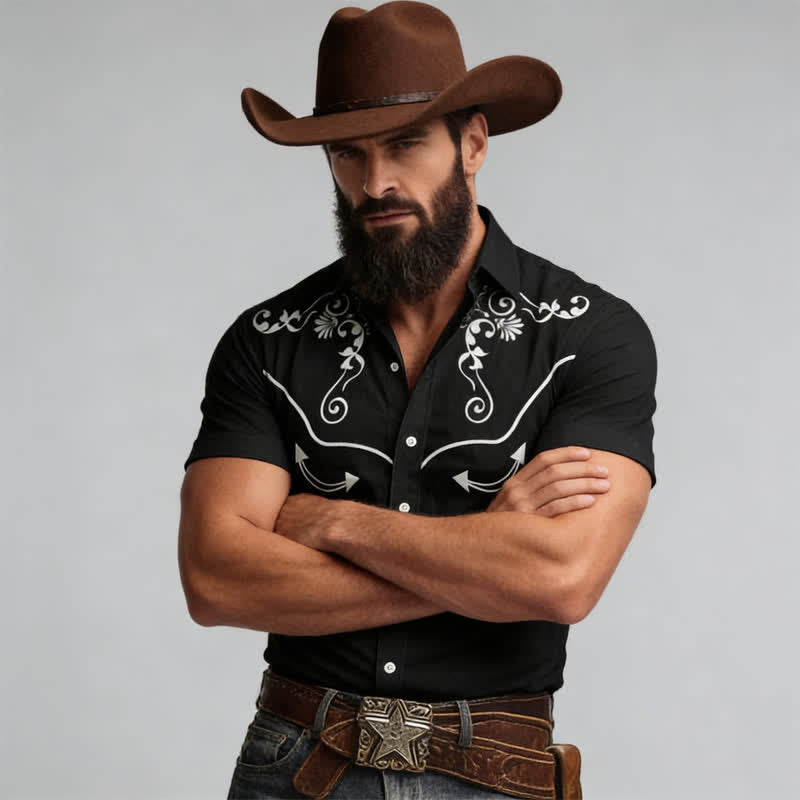 Western-Cowboy-Hemd für Herren mit 3D-gedrucktem Scrollmuster und kontrastierender Passe - Schwarz - 5XL - image 5