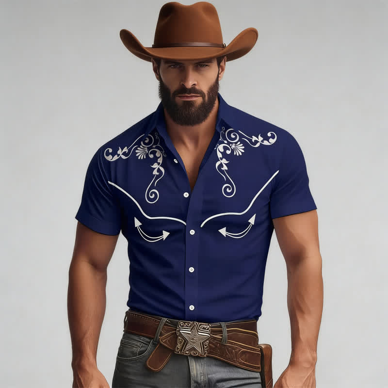 Western-Cowboy-Hemd für Herren mit 3D-gedrucktem Scrollmuster und kontrastierender Passe - Marine - 5XL - image 7