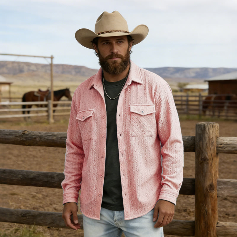 Herren Retro Jacquard Cowboy Workwear Langarmhemd - Rosa - 2XL - image 5