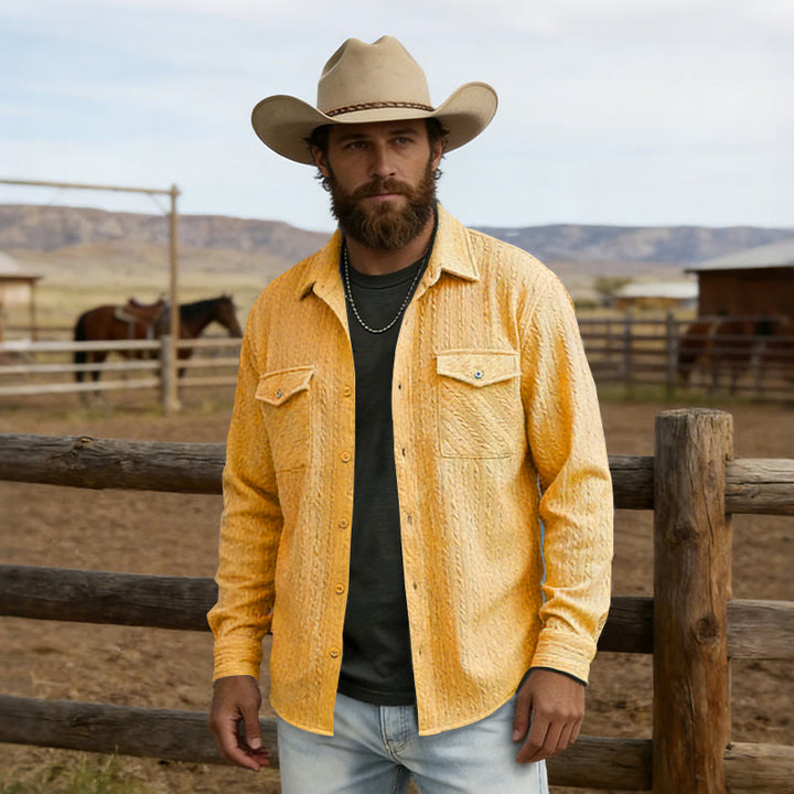 Herren Retro Jacquard Cowboy Workwear Langarmhemd - Gelb - 2XL - image 6