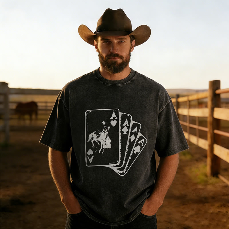 Kurzärmeliges T-Shirt im Western-Stil mit Cowboy-Poker-Print und gewaschenem Aufdruck - Schwarz - 5XL - image 0