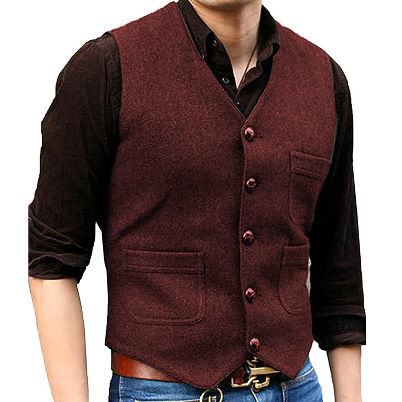 Herrenweste im Western-Stil mit Retro-Design, V-Ausschnitt und mehreren Taschen - Wein - 3XL - image 6